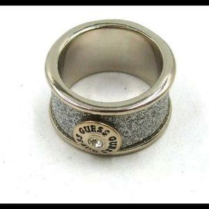 New Guess 3 Logo Bling Gold Tone Wide Band Ring.